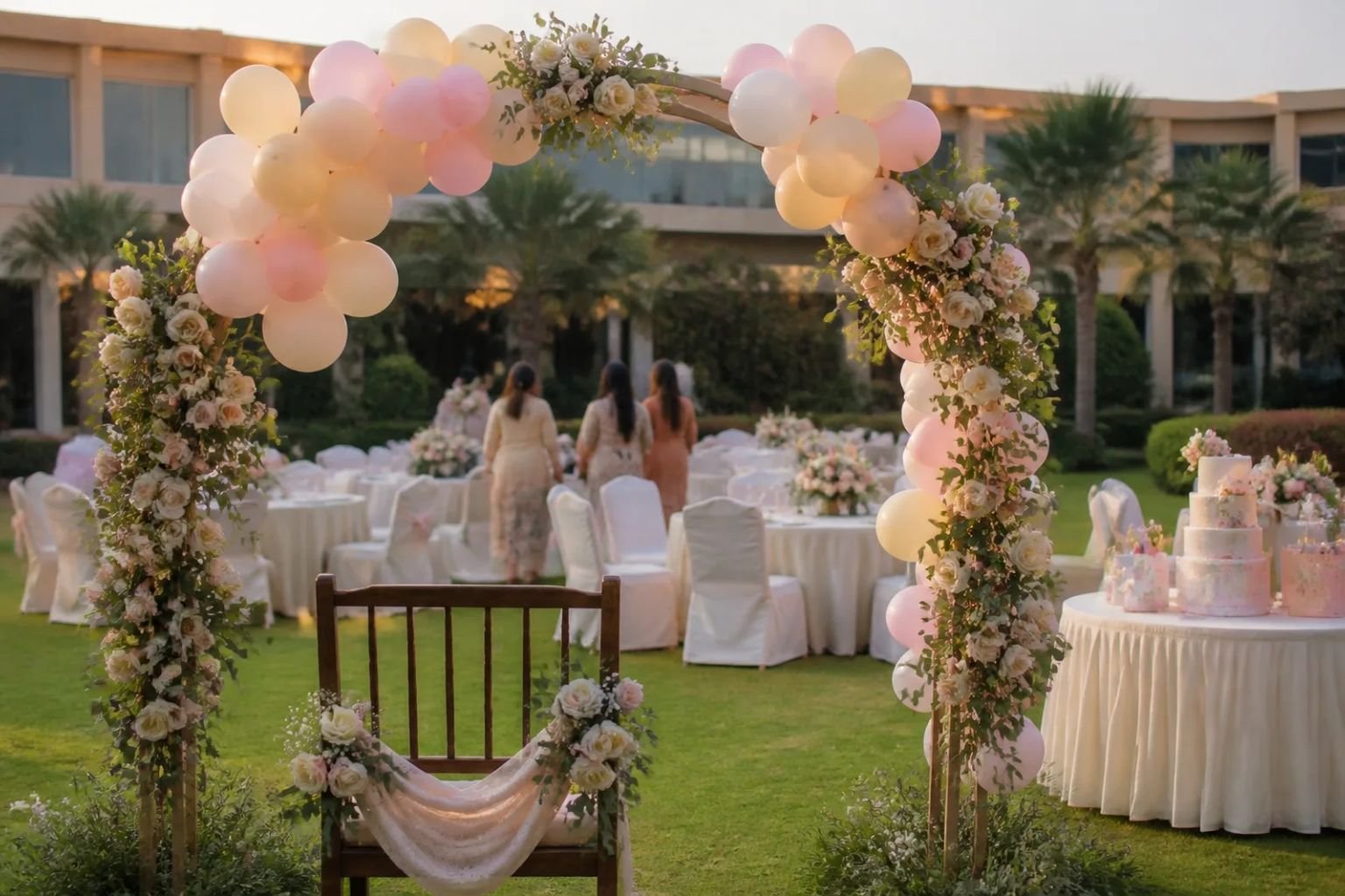 Baby shower party venue in Manesar Gurgaon with pastel floral decoration, balloon arch and round tables on a resort lawn