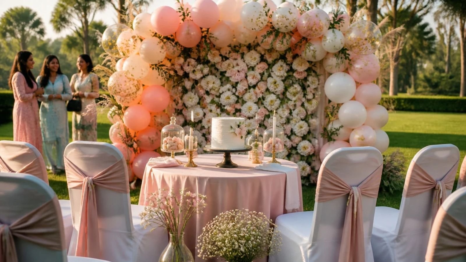 Bridal shower venue setup in Manesar with a floral backdrop, pastel balloon decoration and a cake table on a resort lawn