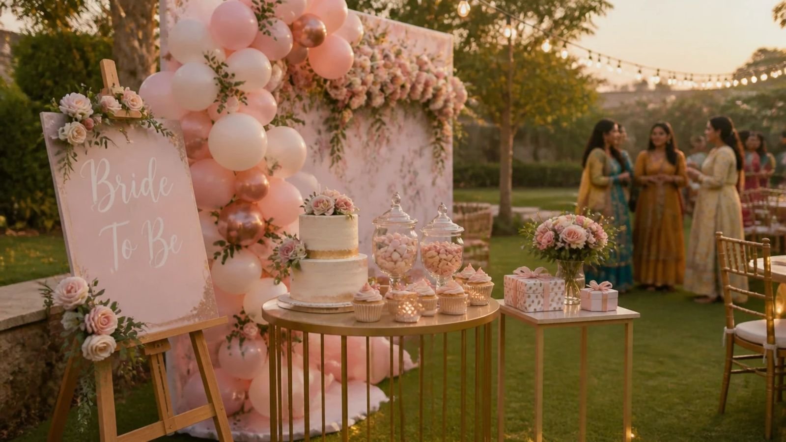 Bride-to-be party decoration in Manesar with a pastel floral backdrop, welcome signage and a decorated cake table
