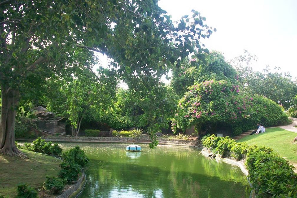 Terraced greenery and the Buddha stupa at Buddha Jayanti Park, Delhi