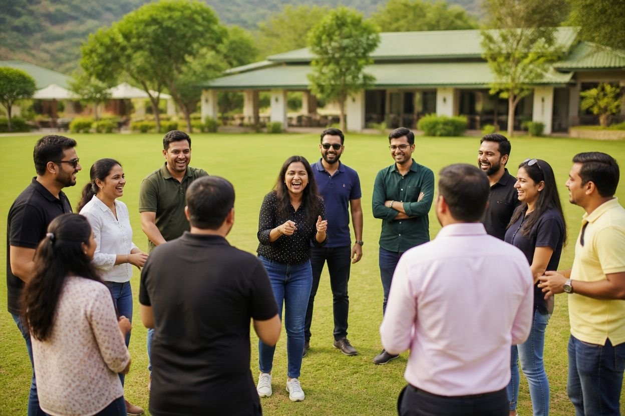Illustrative image of colleagues taking part in a group activity on a resort lawn during a corporate outing near Manesar