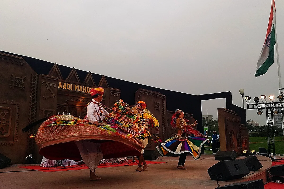 Kachhi Ghodi folk dancers from Rajasthan performing at an open-air event — representative photograph