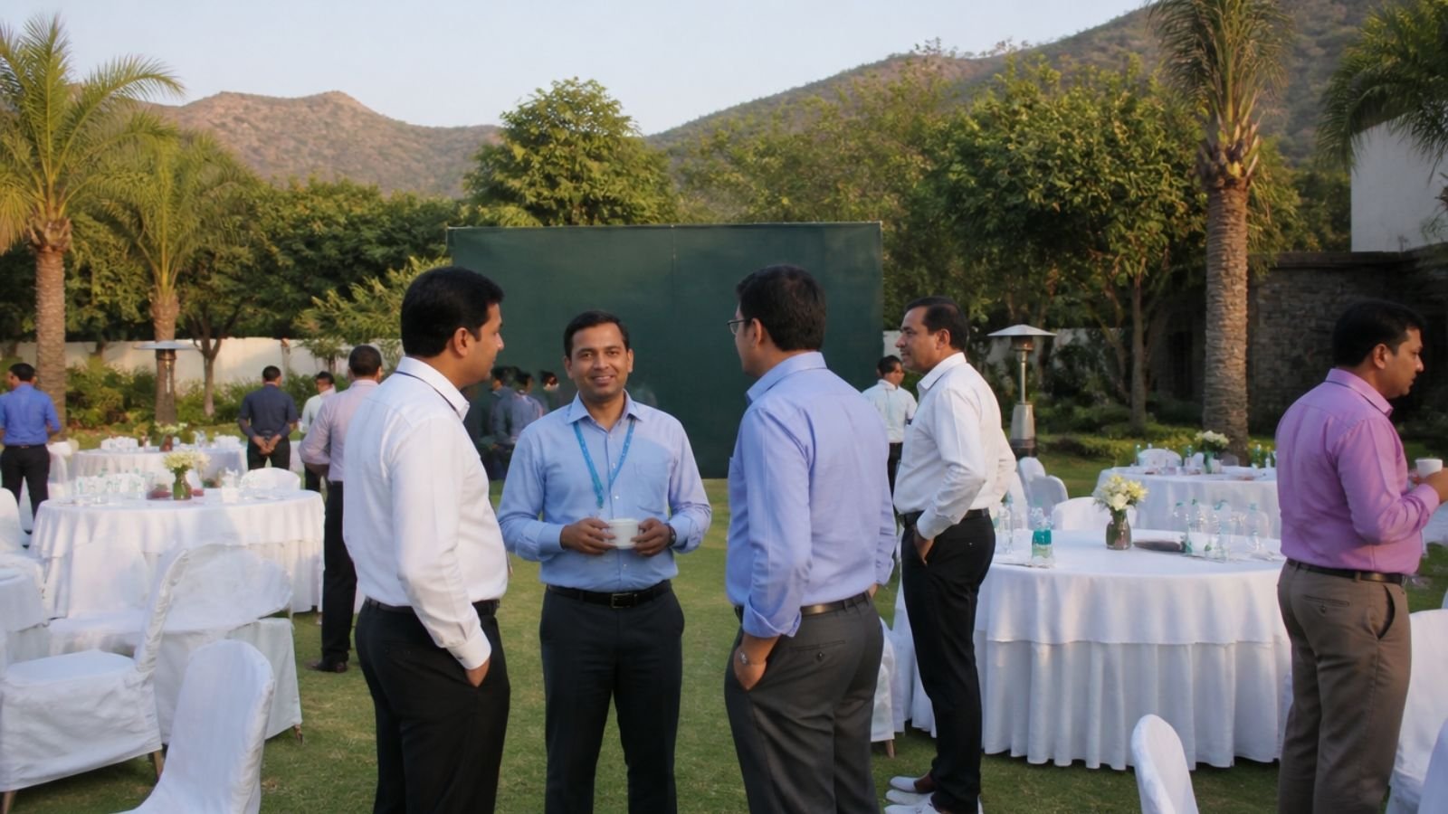 Outdoor dealers meet networking session on a resort lawn in Manesar with round tables and branding area