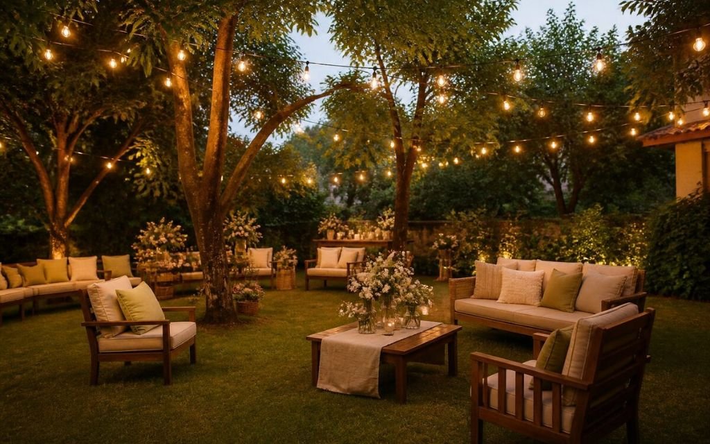 Private farmhouse garden in Manesar with string lights and lawn seating arranged for an intimate engagement party