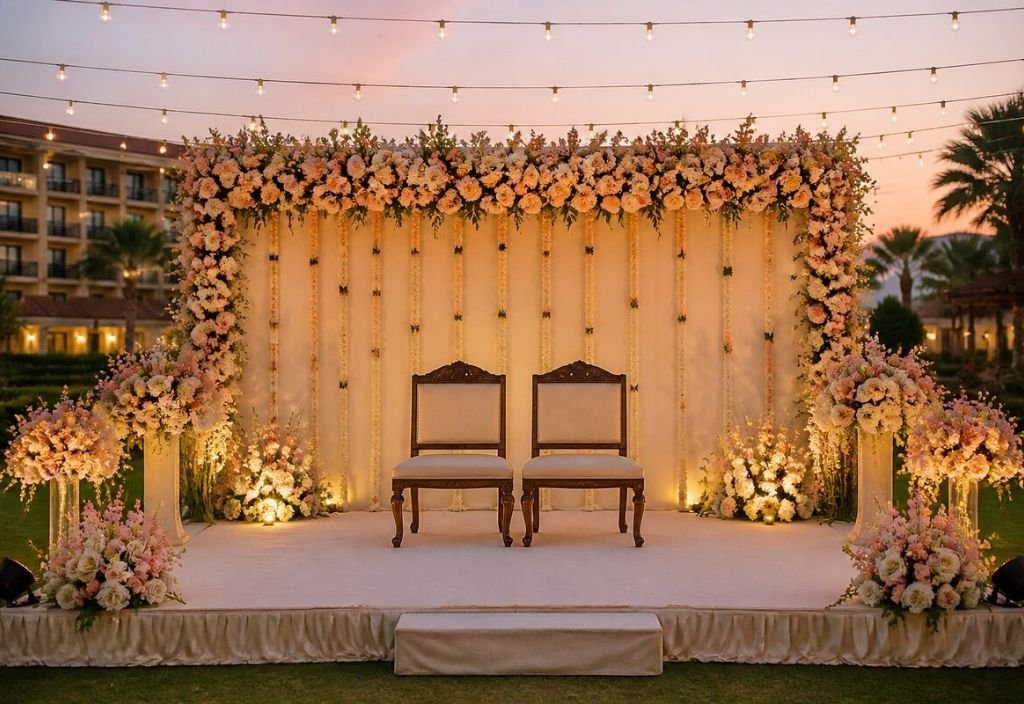 Engagement stage with floral backdrop and fairy lights on a resort lawn in Manesar, set up for a ring ceremony