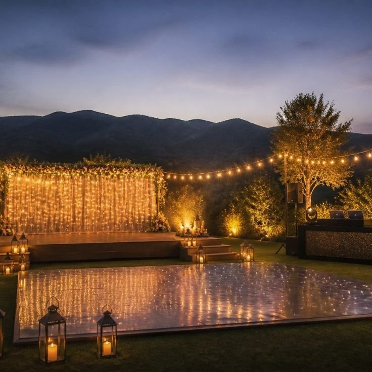 Sangeet night setup with a fairy-light stage and dance floor on a farmhouse lawn at dusk