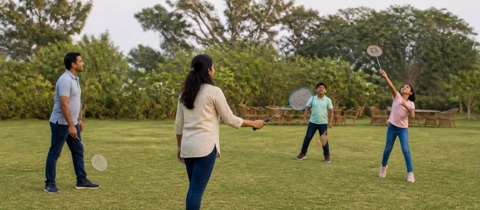 Illustration of an Indian family playing badminton on a resort lawn