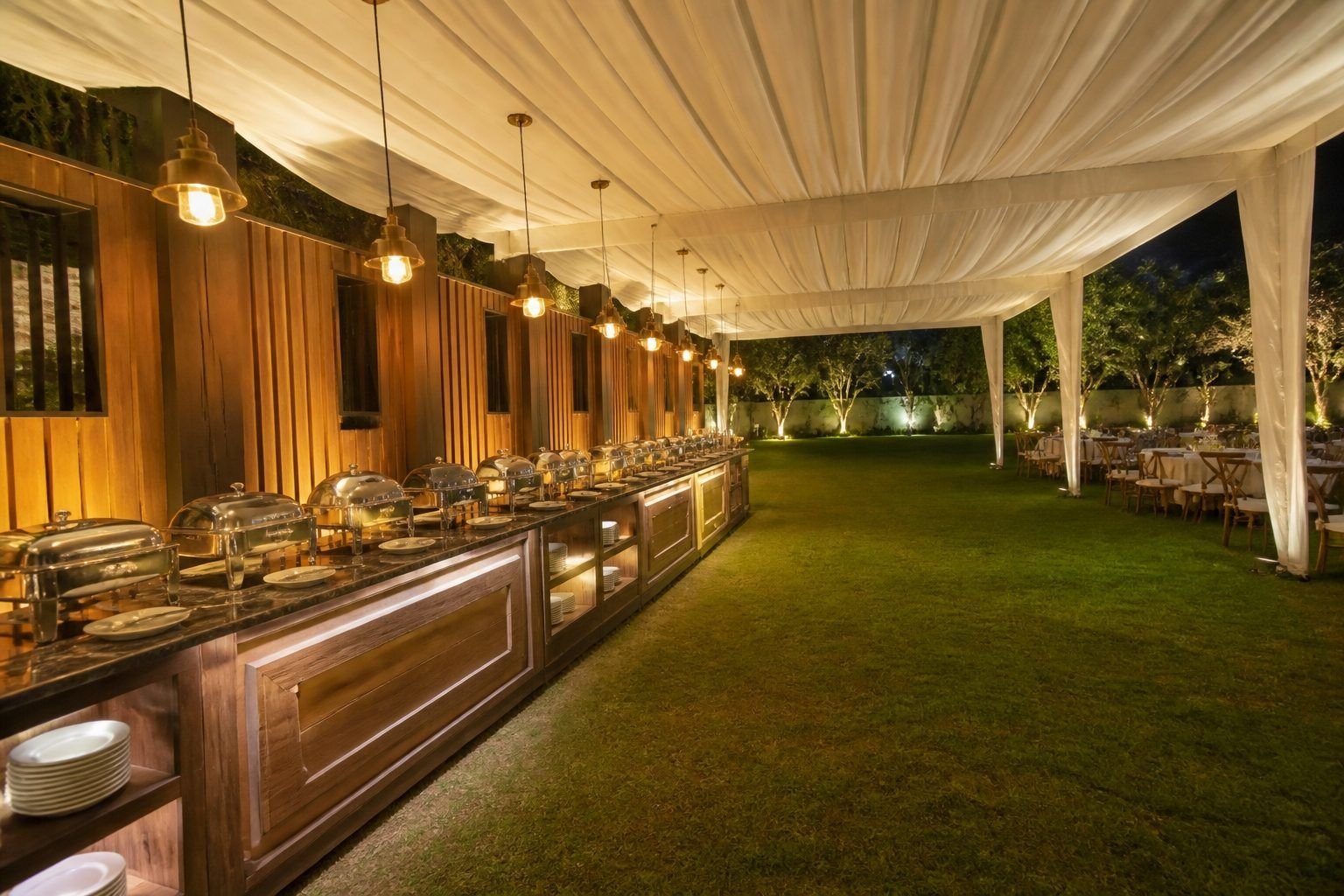 Outdoor catering and dining counter setup for a farmhouse wedding in the Sohna area