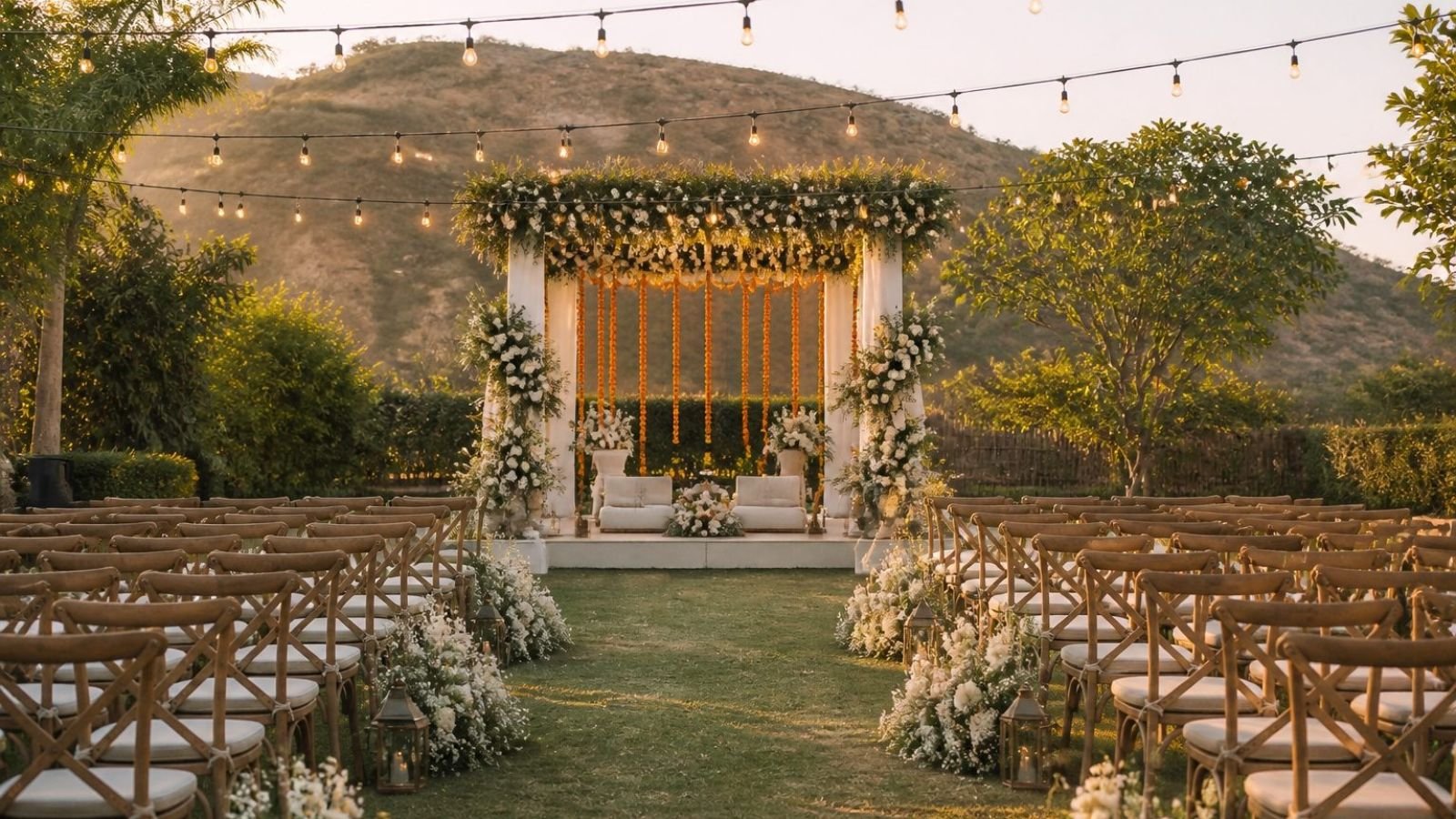 Farmhouse wedding setup in Sohna with a floral mandap, wooden chairs and string lights on a green lawn
