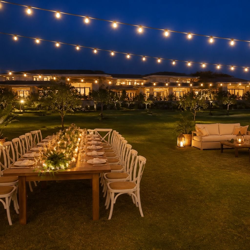 Festoon lights, a long dining table and lounge seating set out on a lawn for a private evening party, the kind of setup hosts ask for at house party venues in Manesar