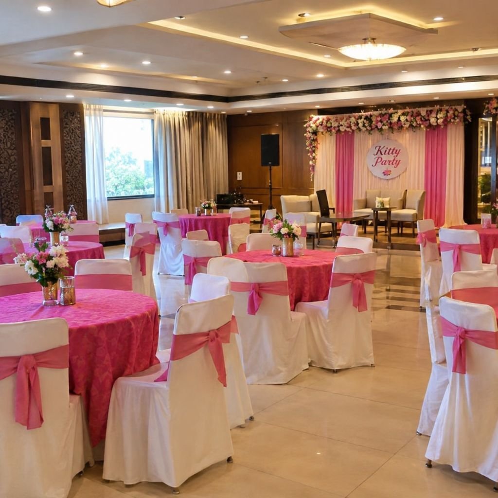 Indoor banquet seating arranged for a small ladies' lunch party at a Manesar venue