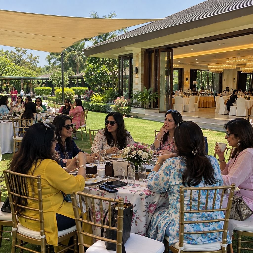 Ladies enjoying a kitty party lunch at a resort lawn venue near Manesar