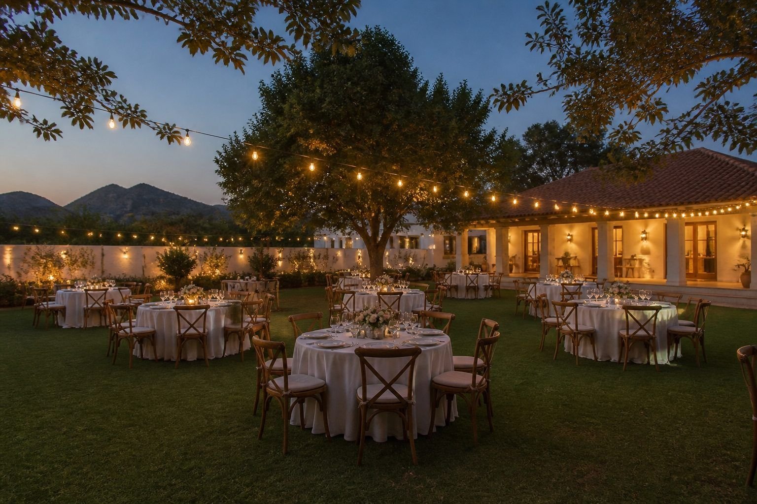 Outdoor wedding reception setup with round tables and string lights on a farmhouse lawn near Sohna