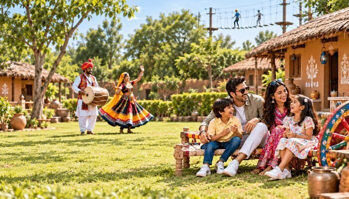 Family sitting on a traditional charpai at the Madhavgarh Farms Picnic Spot in Gurugram during a day outing