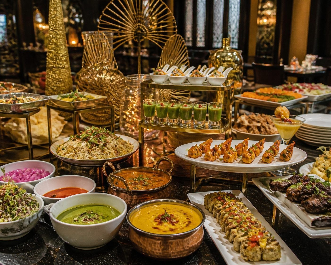 Festive New Year's Eve buffet dinner spread with Indian and continental dishes at a resort restaurant