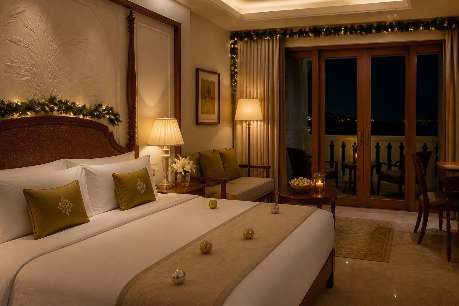 Resort guest room prepared for an overnight New Year stay, with warm lighting and festive touches