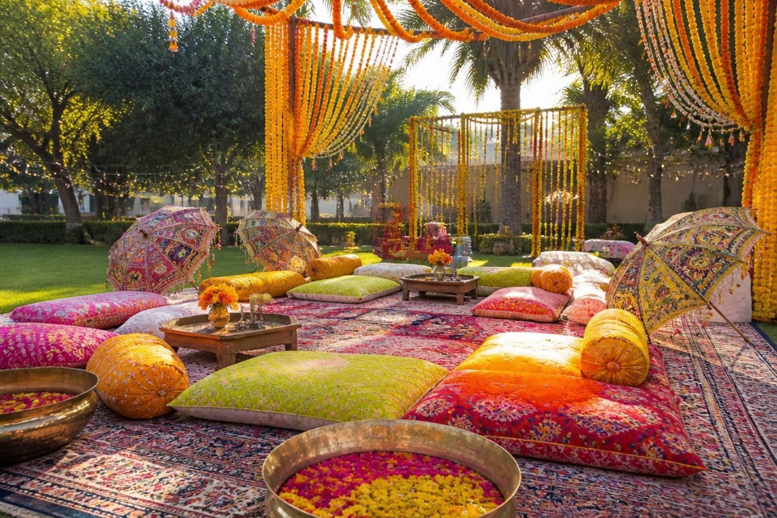 Outdoor pre wedding mehendi venue in Manesar with marigold floral decor, colourful low seating and a floral canopy on a green lawn
