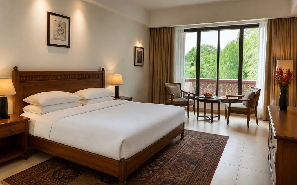 Resort guest room in Manesar for family members staying during an engagement function