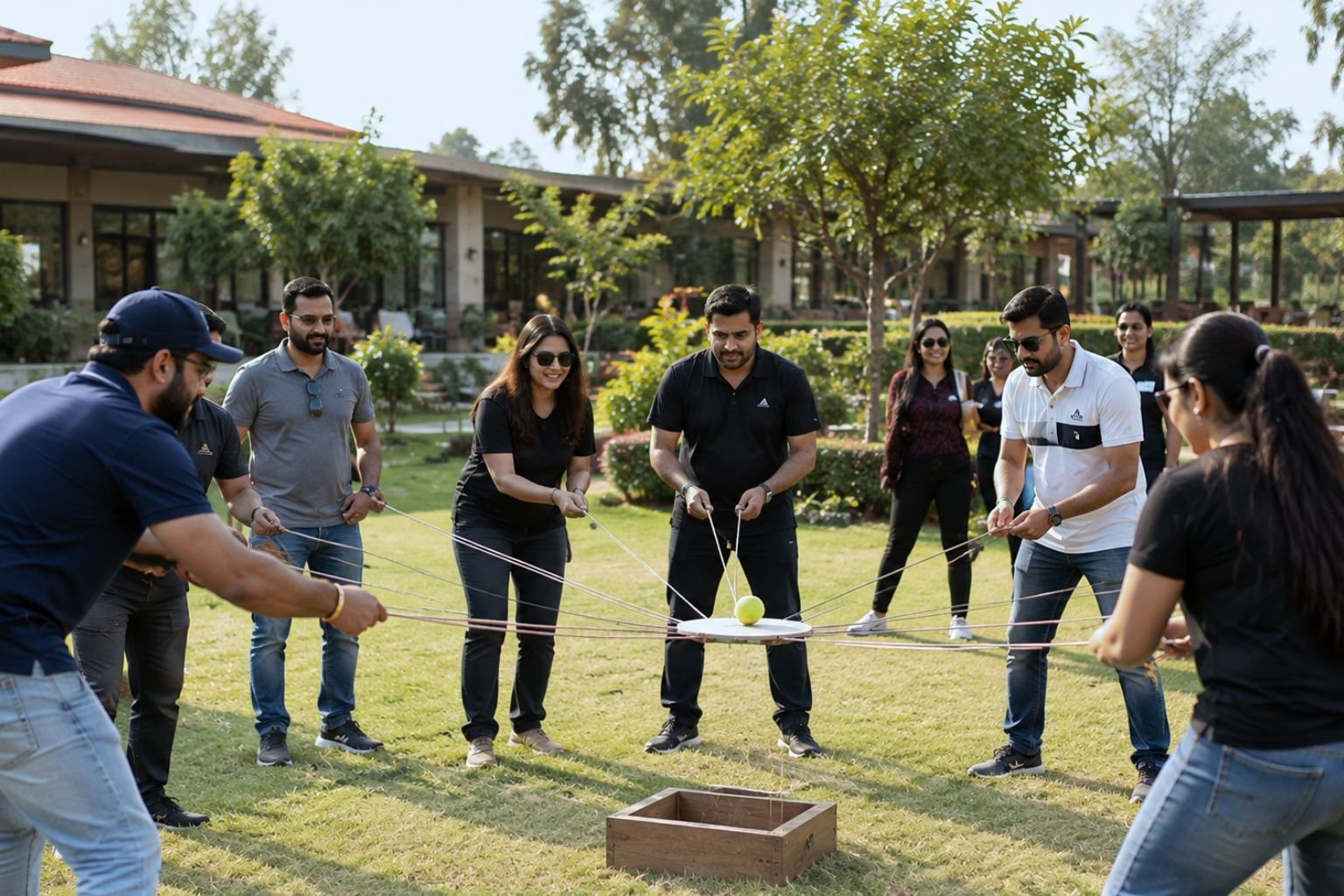 Resort lawns and courtyard at a team building venue in Manesar