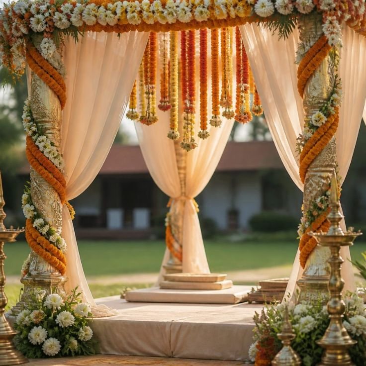 Wedding ceremony mandap with marigold and white flowers on a farmhouse lawn near Sohna